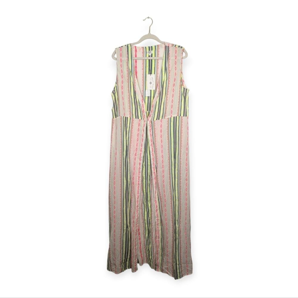 Crazy Train Duster Coverup L Neon Multicolor Stripe Long Boho Festival NWT